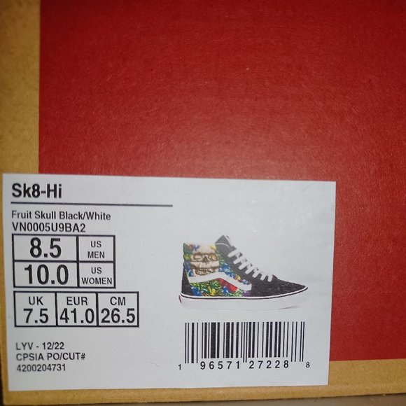 Vans Men's 8.5/Women's 10 Fruit Skull Sk8-Hi Sneakers Black/White VN0005U9BA2 - Picture 5 of 13